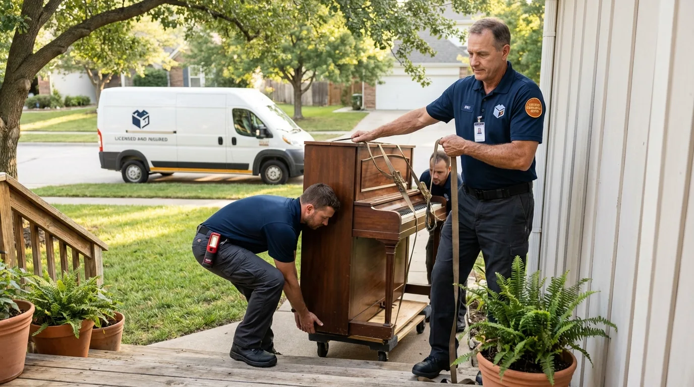 Licensed piano movers securing grand piano in Rumson, NJ