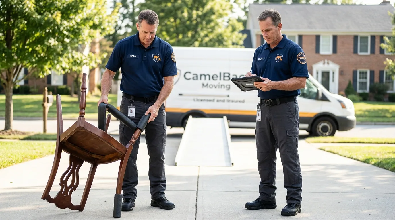 Movers inspecting furniture for damage prevention before loading in Rumson, NJ
